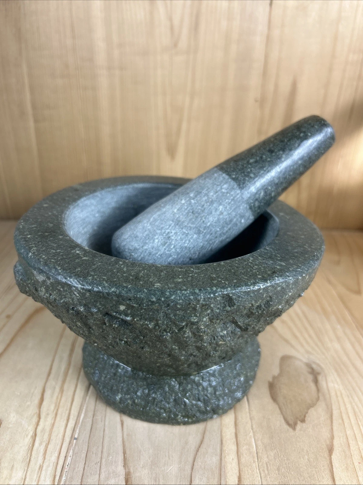 Mortar And Pestle Gray Stone Granite Hand Carved 4" x 7" Tab Handles