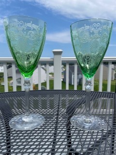 2 Green Water Goblets or Stems by Fostoria Glass in the Versailles Pattern