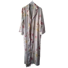Vintage Natori Classics Robe Floral Satin Collared Long Maxi Multicolor Womens S