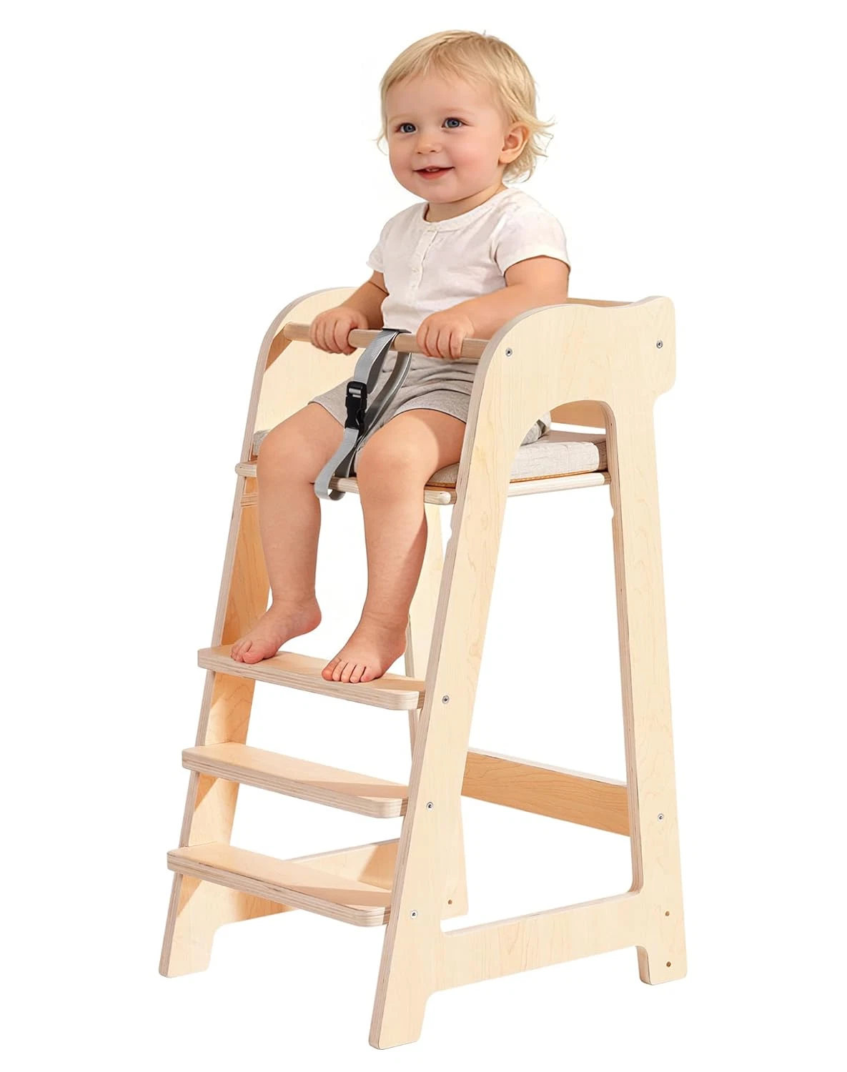Wooden High Chair for Toddlers, Highchair for Adjustable Seat Height & Footrest