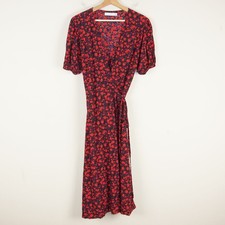 Faithfull The Brand Sumaia Wrap Floral Red Black Print Midi Dress Womens US 12