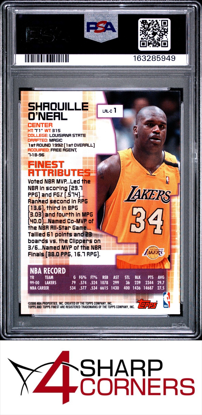 2000 FINEST #1 SHAQUILLE O'NEAL LAKERS HOF PSA 9 view 2