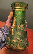 Antique Emerald Green 9 " Mantel Vase, US Glass, Delaware, EAPG, Gold Gilt 1899