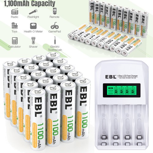 20Pcs AAA 1100mAh Rechargeable Batteries 1.2V NI-MH+ 4-Slots LCD Battery Charger