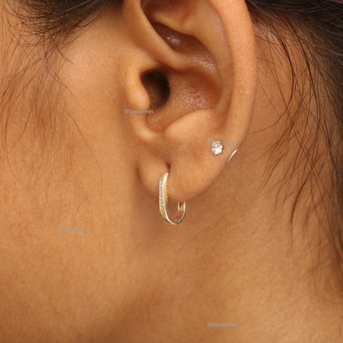 Solid 14k Yellow Gold Huggies Earrings Oval Shape Hoops Huggies Earrings - Picture 9 of 12