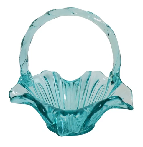 Vtg Fenton Opalescent Teal Blue Art Glass Ruffled Scalloped Basket Twirl Handle