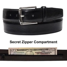 Men Black Leather Money Belt with Secret Hidden Zipper Compartment Bills Keys
