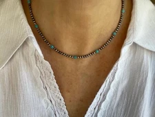 Tiny Beaded Kingman Turquoise Necklace, 4mm Dainty Delicate Feminine Boho Choker