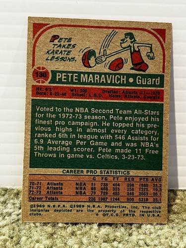1973-74 TOPPS PETE MARAVICH ALL-STAR #130 SWEET! HOFer Centered Card Basketball - Picture 2 of 2