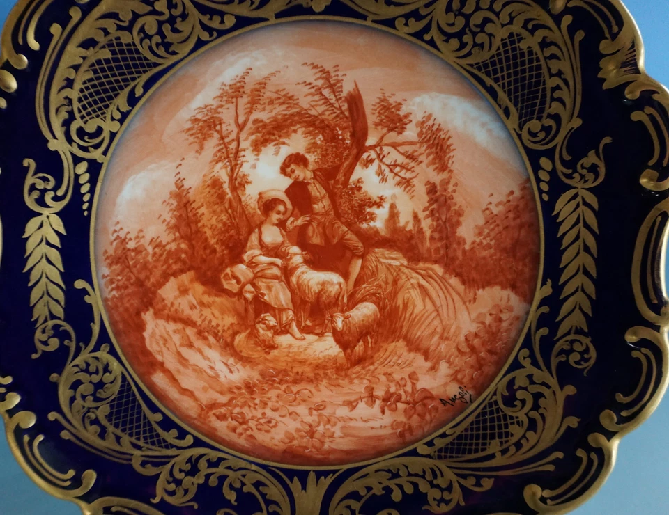Limoges Prunkteller Zierteller Kobalt Gold Schäfer Rokoko Stil Angeli (F23-1279) - Bild 2 von 4