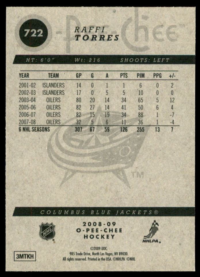 2008-09 O-Pee-Chee Raffi Torres #722 - Image 2 of 2