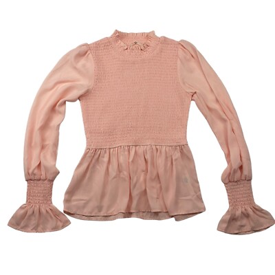 Francesca's Mi Ami Pink Peasant Top Smocked Blouse Puffy Long Sleeves XS MiAmi