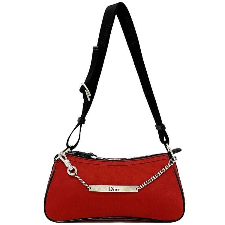 Sac semi épaule Christian Dior rouge noir argent 01 MA 1003 logo strass