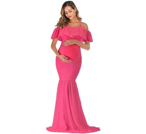Maternity Dress Ruffles Gown Photo Prop Baby Shower Off Shoulder Pink XL - Picture 6 of 7