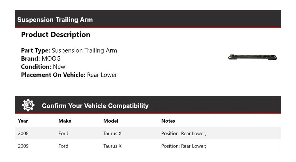 Brazo de suspensión inferior trasero MOOG para Ford Taurus X 2008-2009 Foto 2 de 4