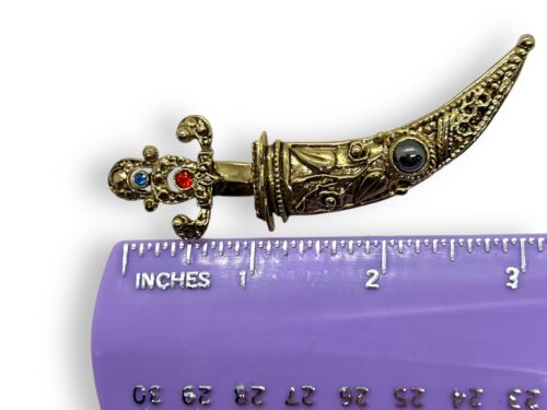 Vintage antik goldfarben Jambiya Dolch Brosche Pin unsigniert einzigartige Scheide - Bild 3 von 4