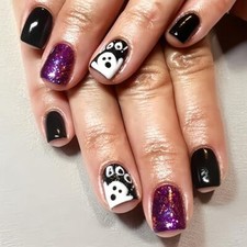 24Pcs Halloween Press on Nails Short Square Fake Nails Black Purple False ghost