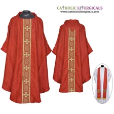 V COLLAR RED GOTHIC Vestment & Stole Set Lined Chasuble, Casel, Casulla, NEW