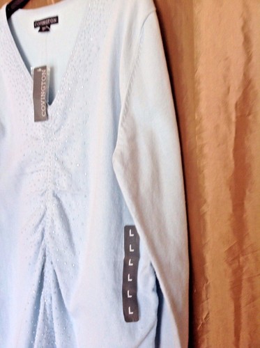 New! Covington Aqua Blue V-neck Sweater w/Center Rushing and Tonal Beads ~Sz.L - Picture 3 of 8