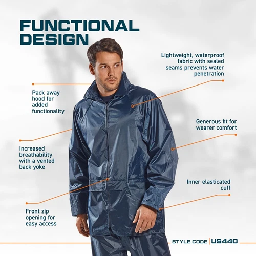 Portwest US440 Mens Waterproof Rain Jacket Lightweight Coat Pack Away Hood image 2