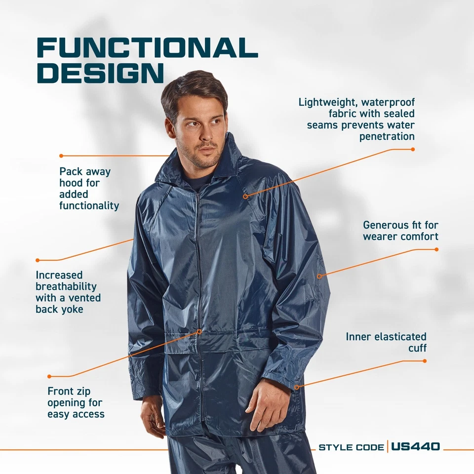 Portwest US440 Mens Waterproof Rain Jacket Lightweight Coat Pack Away Hood - Image 2 of 4