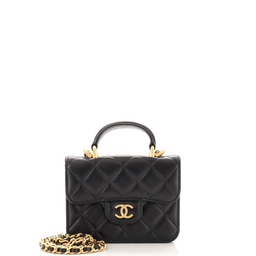 Chanel Top Handle Flap Coin Purse with Chain Quilted Lambskin Black