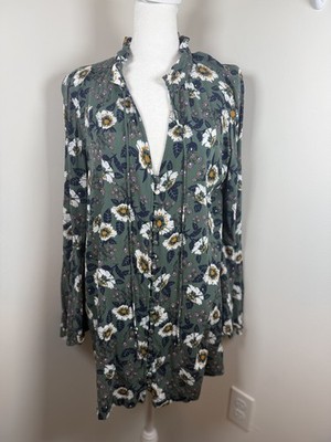 FREE PEOPLE Boho Green Floral Magic Mystery Tunic Oversized Blouse Women s Small