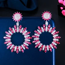 Rose Red Flower Dangle Drop Earrings Women Silver Plated CZ Zircon Party Jewelry