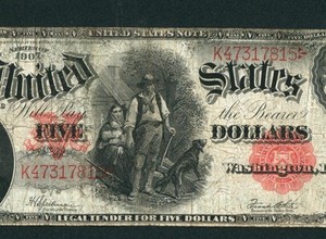 $5 1907 United States Note ** Legal Tender ** Woodchopper ** CURRENCY