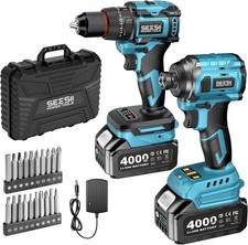 21V Electric Cordless Drill and Impact Driver, Power Tool Combo Kit 2x Battery