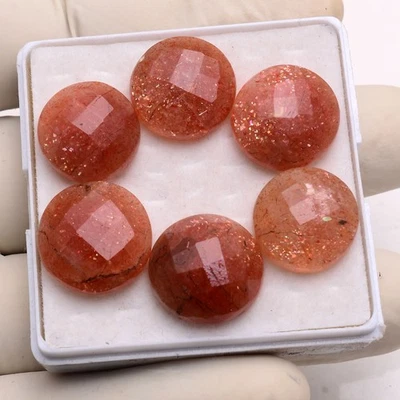 Dancing Stone 6 Stk Natürliche Sunstone Checker Cut Rund Edelsteine 15mm-17mm - Bild 1 von 4