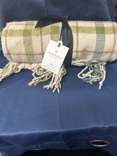 Plaid Throw Blanket Beige Brown Green w/ Fringe 60  x 50  Hearth  Hand NWT