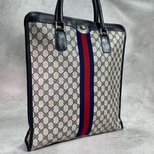 GUCCI GG Sherry Line Tote Bag Navy Beige Leather Gold Hardware Logo From Japan