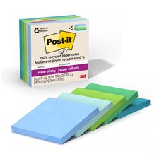 Post-it 100 Recycled Paper Super Sticky Notes, 3 in. x 3 in., 5 Pads, Oasis