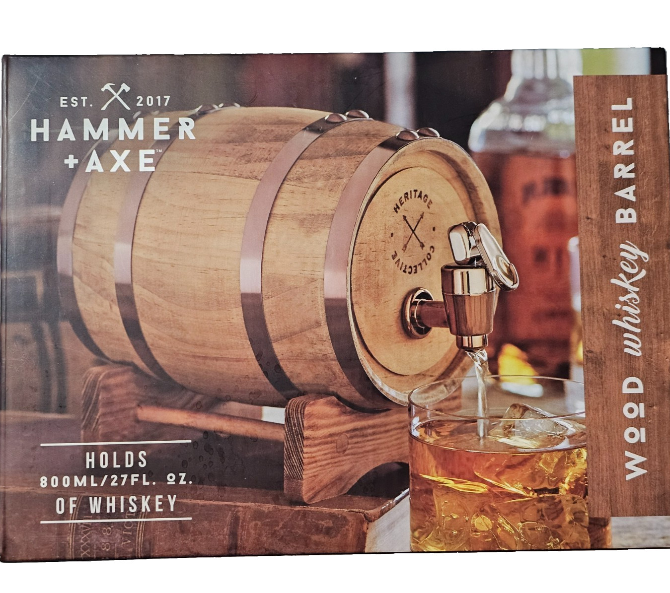 Hammer + Axe Whiskey Barrel 1L, 800ml/27 fl oz Volume Vintage Wood Design