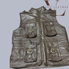 Men Real Leather Vest Utility Cargo Pocket Biker Gothic Steampunk Waistcoat Brow