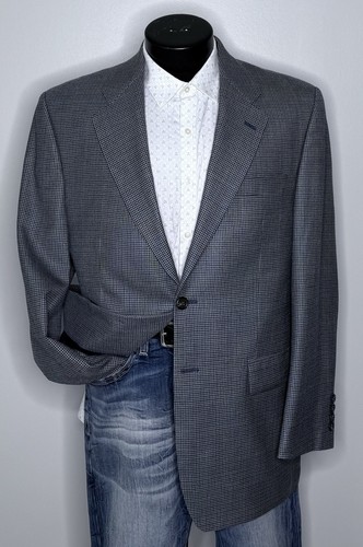 Ralph Lauren Silk Wool Gray Blue Houndstooth Blazer Suit Jacket Coat Mens 40R
