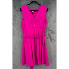 DKNY Dress Womens Size 12 Bright Pink Belted Fit & Flare Button Front Tank Tie