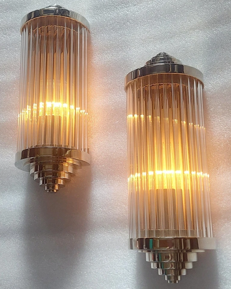 Aplique de pared Art Deco rascacielos - Lámpara de pared decorativa de latón níquel y varilla de vidrio Foto 3 de 4