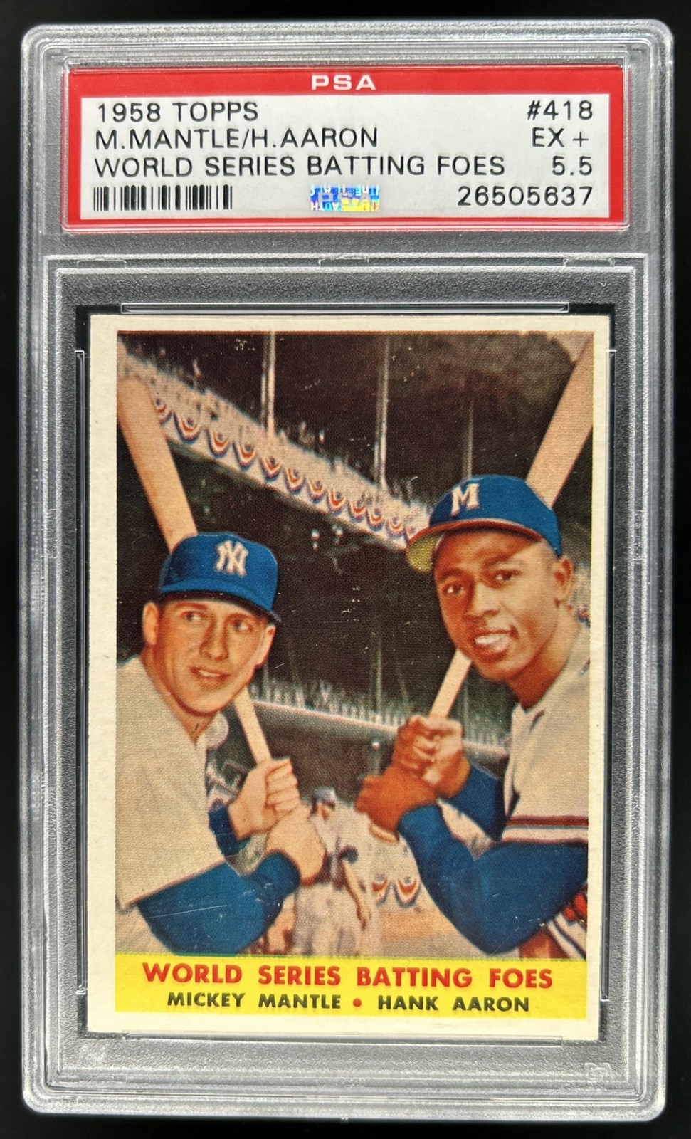 1958 Topps World Series Batting Foes Mickey Mantle Hank Aaron #418 PSA 5.5