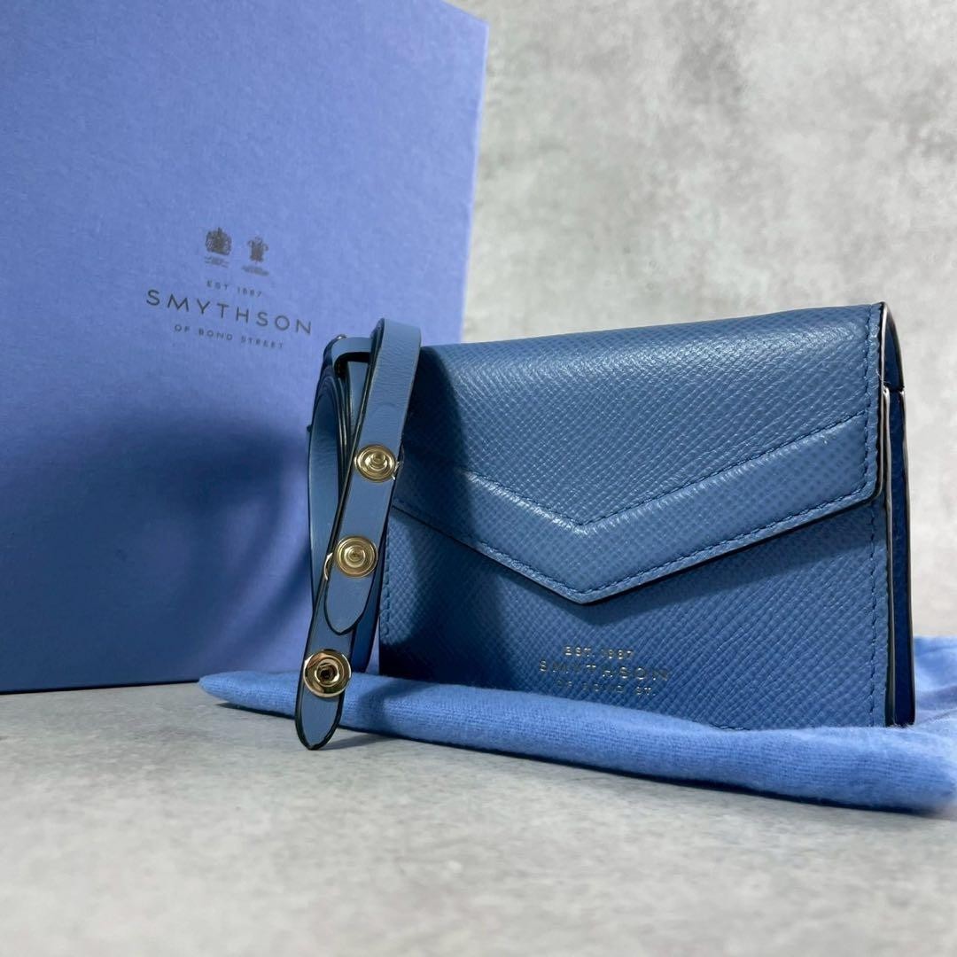 SMYTHSON Envelope Crossbody Bag in Panama Boxed Mini Blue Gold Wallet From Japan