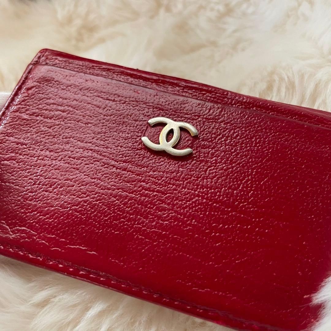 CHANEL Coco Mark Card Case Mini Wallet Red Leather Compact Used thumbnail 3
