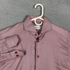 Eton Slim Fit Dress Shirt Red White Micro Check Cotton Lyocell 15.5 39 Mens