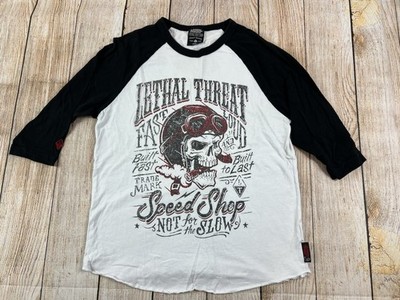 Lethal Threat Fast Loud Biker Speed Shop Skull Raglan T Shirt Size Small