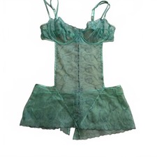 Vintage Fredericks of Hollywood Mint Green Sheer Lace Apron Babydoll Teddy Med