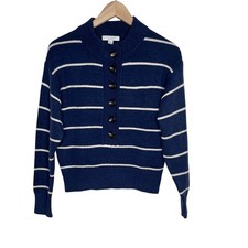 Ann Taylor Weekend Striped Sweater SP Navy White Button Mock Neck Knit Pullover