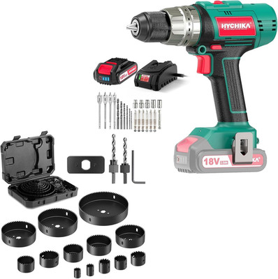 HYCHIKA Cordless Hammer Drill Driver 18V, 19 PCS Hole Saw Kit, Tool Combo Kit, 1