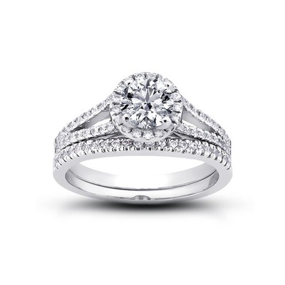 1.12 CT G-VS2 Round Natural Certified Diamonds Plat Halo Ring with Matching Band