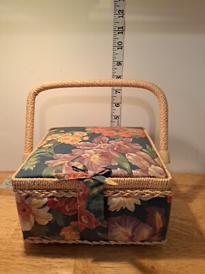 Cloth Padded Floral Fabric Sewing Box Basket w/ Handle 8x8 Thread And Needles