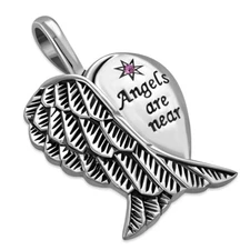 Pink CZ "Angels Are Near"- Wings -Pendant Sterling Silver 925- NEW